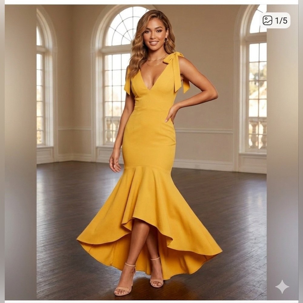 Dress the Population Golden Mustard High-Low Mermaid Gown